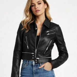 NWT Real Leather Black Vintage Moto Jacket - Fully Detachable Band 4 Pockets M